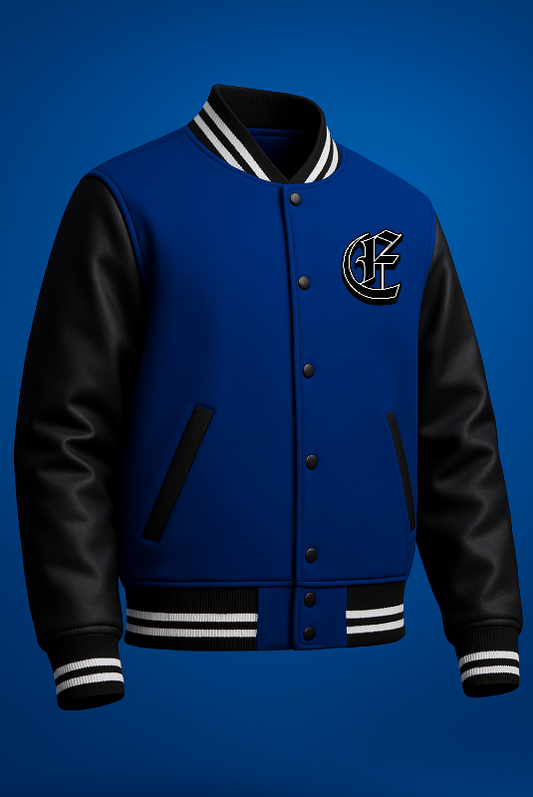 ECHOED Blue Varsity Jacket – Greek Statue Flame Art