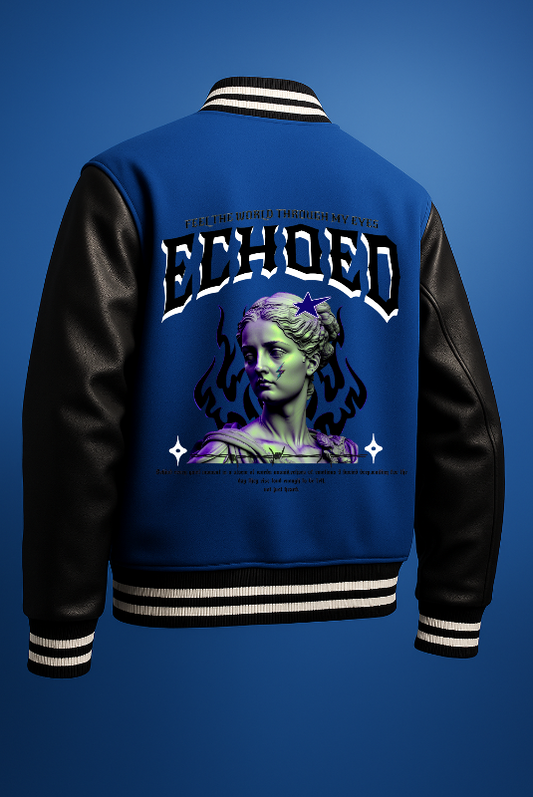 ECHOED Blue Varsity Jacket – Greek Statue Flame Art